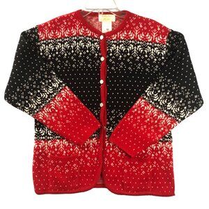 Tally-Ho Sweater Womens M Fair Isle Red Black Nordic Cardigan Sweater Christmas